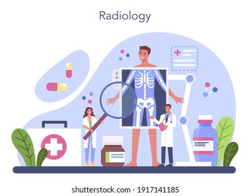 Radiology concept. Idea of health care and disease diagnosis. X-ray, MRI and ultrasound image of human body with computed tomography. Isolated vector illustration in cartoon style