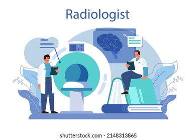 Radiology concept. Idea of health care and disease diagnosis. X-ray, MRI and ultrasound image of human body with computed tomography. Flat vector illustration