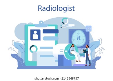 Radiology concept. Idea of health care and disease diagnosis. X-ray, MRI and ultrasound image of human body with computed tomography. Flat vector illustration