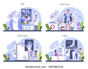 Radiology concept set. Idea of health care and disease diagnosis. X-ray, MRI and ultrasound image of human body with computed tomography. Isolated vector illustration in cartoon style