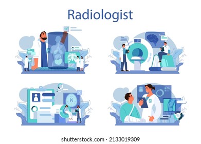 Radiology concept set. Idea of health care and disease diagnosis. X-ray, MRI and ultrasound image of human body with computed tomography. Flat vector illustration