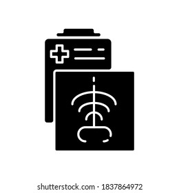 Radiology Department Black Glyph Icon. Radiation Medicine. Radiologic Technologist. CT Scan. X Rays Radiography. Diagnosis. Examination. Silhouette Symbol On White Space. Vector Isolated Illustration