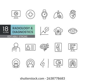 Radiology and diagnostics icons set with editable stroke showing heart lung brain knee breast scans MRI CT analysis patient data and smart monitoring tools for clinics telehealth and medical apps