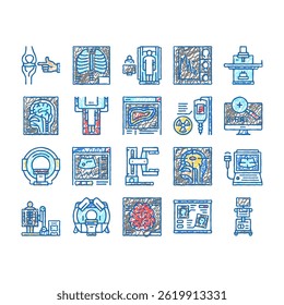 Radiology Equipment Collection doodle icons set vector. Mri Ultrasound, Ct Scan Fluoroscope Radiology Hospital Medical Device sketch hand drawn