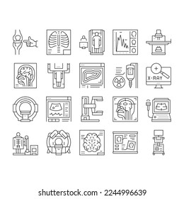 Radiology Equipment Collection Icons Set Vector. Mri And Ultrasound, Ct Scan And Fluoroscope Radiology Hospital Medical Device Black Contour Illustrations