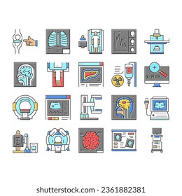 Radiology Equipment Collection Icons Set Vector. Mri And Ultrasound, Ct Scan And Fluoroscope Radiology Hospital Medical Device Concept Linear Pictograms. Contour Color Illustrations