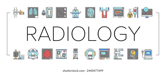 Radiology Equipment Collection Icons Set Vector. Mri And Ultrasound, Ct Scan And Fluoroscope Radiology Hospital Medical Device Concept Linear Pictograms. Contour Color Illustrations