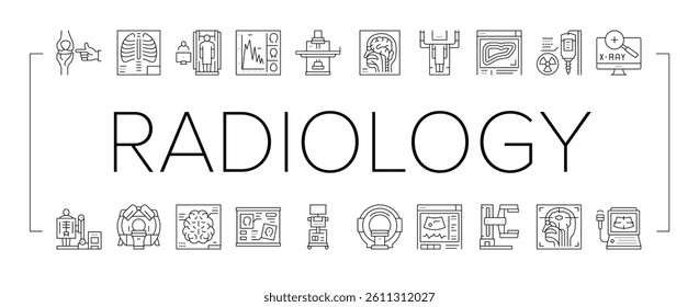 Radiology Equipment Collection Icons Set Vector. Mri And Ultrasound, Ct Scan And Fluoroscope Radiology Hospital Medical Device Black Contour Illustrations