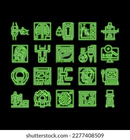 Radiology Equipment neon light sign vector. Mri And Ultrasound, Ct Scan And Fluoroscope Radiology Hospital Medical Device Illustrations