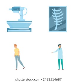 Radiology icons set cartoon vector. Doctor examine xray image of human body. Fluorography, tomography