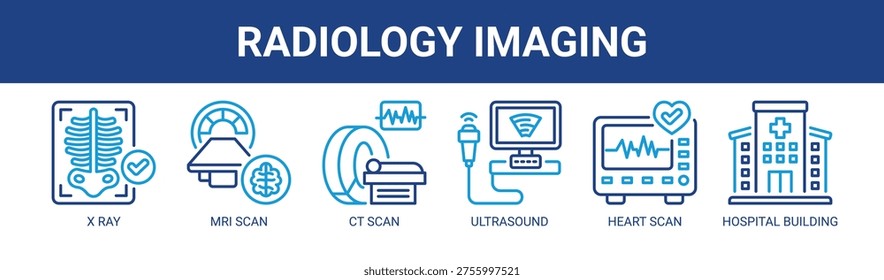 Radiology Imaging web banner icon vector illustration concept with icons of X ray, MRI scan, CT scan, ultrasound, heart scan, and hospital building.