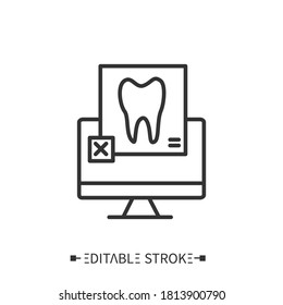 Radiology line icon. X-ray diagnostics. Computerized radiography. Organs electromagnetic examination. Modern dentist equipment. Healthcare and health information management concept. Editable stroke 