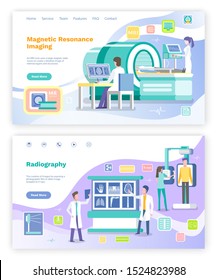 Radiology and magnetic resonance imaging in hospital vector, doctors helping patients. Analysis and examination of human body, diagnostics. Website or webpage template, landing page flat style