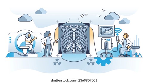 Radiología y diagnóstico médico con el concepto de esquema de tecnología de rayos X o RM. Tomografía computacional o tomografía computarizada para el diagnóstico de fracturas óseas o enfermedad orgánica interna e ilustración del vector de exploración.