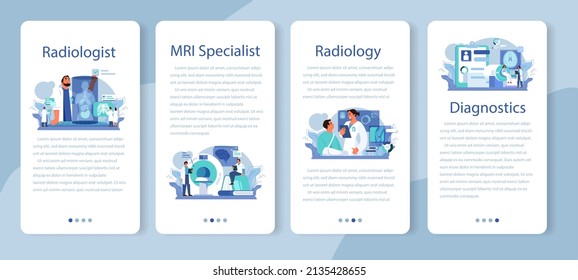 Juego de banners de aplicación móvil de radiología. Idea de atención médica y diagnóstico de enfermedades. Rayos X, resonancia magnética e imagen ultrasónica del cuerpo humano con tomografía computarizada. Ilustración vectorial plana