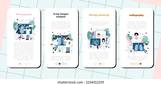 Radiology mobile application banner set. Idea of health care and disease diagnosis. X-ray, MRI and computer tomography image of human body. Flat vector illustration