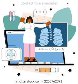 Radiology online service or platform. Disease diagnosis. X-ray, MRI and computer tomography image of human body. Online contacts. Flat vector illustration