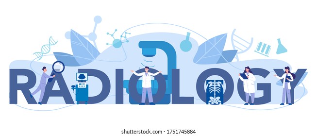 Radiology typographic header concept. Doctor examing X-ray image of human body with computed tomography, MRI and ultrasound. Isolated vector illustration in cartoon style