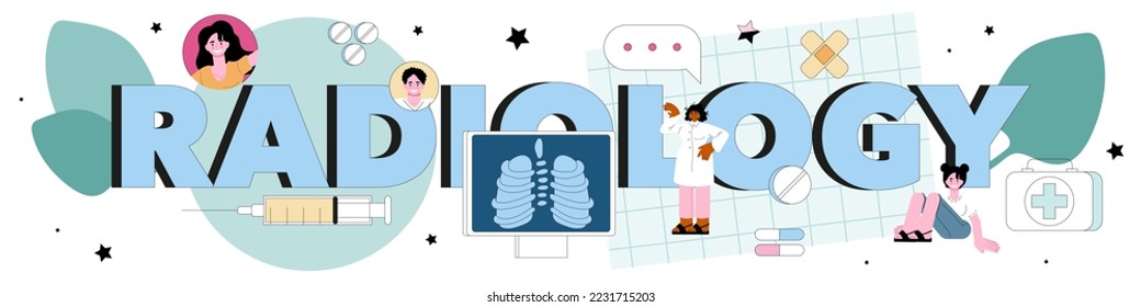 Radiology typographic header. Idea of health care and disease diagnosis. X-ray, MRI and computer tomography image of human body. Flat vector illustration
