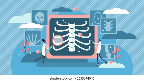 Radiology vector illustration. Flat tiny xray skeleton bones persons concept. Transparent body scanner equipment for patient disease, injury and trauma diagnosis. Spine, legs and head doctor research.