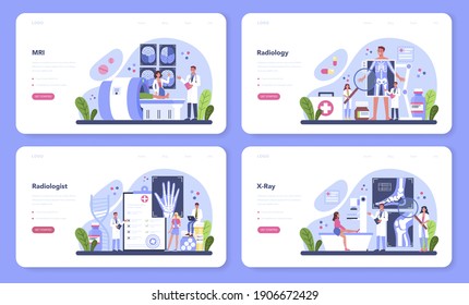 Radiology web banner or landing page set. Idea of health care and disease diagnosis. X-ray, MRI and ultrasound image of human body with computed tomography. Isolated flat vector illustration