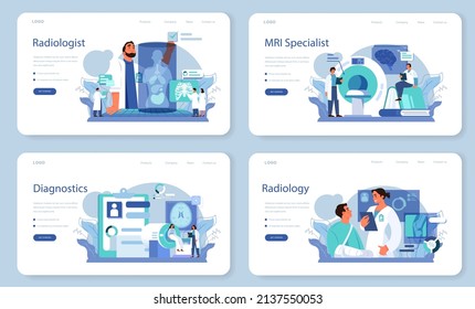 Radiology web banner or landing page set. Idea of health care and disease diagnosis. X-ray, MRI and ultrasound image of human body with computed tomography. Flat vector illustration