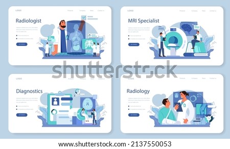 Radiology web banner or landing page set. Idea of health care and disease diagnosis. X-ray, MRI and ultrasound image of human body with computed tomography. Flat vector illustration