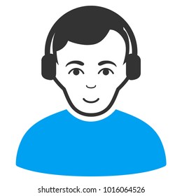 Radioman vector pictogram. Flat bicolor pictogram designed with blue and gray. Person face has enjoy mood.