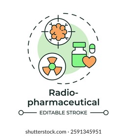 Radiopharmaceutical multi color concept icon. Medicinal products containing radioactive isotopes. Nuclear science. Round shape line illustration. Abstract idea. Graphic design. Easy to use in article