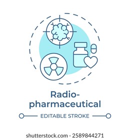 Radiopharmaceutical soft blue concept icon. Medicinal products containing radioactive isotopes. Nuclear science. Round shape line illustration. Abstract idea. Graphic design. Easy to use in article