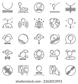 Conjunto de iconos de contorno de radiosonda - Concepto de globo de tiempo y espías Símbolos vectores de línea delgada o elementos de diseño