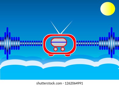 radio,sound wave vector isolated on background with clouds and sun