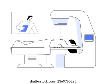 Radiotherapy abstract concept vector illustration. Woman with oncology undergoing radiation therapy, medical examination, cancer treatment, shrink tumors, x-rays usage abstract metaphor.