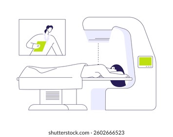 Radiotherapy abstract concept vector illustration. Woman with oncology undergoing radiation therapy, medical examination, cancer treatment, shrink tumors, x-rays usage abstract metaphor.