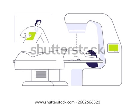 Radiotherapy abstract concept vector illustration. Woman with oncology undergoing radiation therapy, medical examination, cancer treatment, shrink tumors, x-rays usage abstract metaphor.