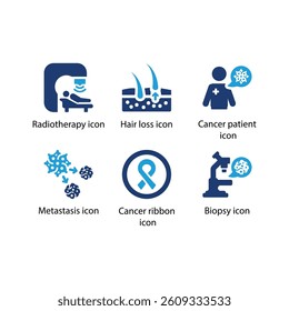 Radiotherapy, Hair loss, Cancer patient, Metastasis, Cancer ribbon, Biopsy, Blue Icon Set