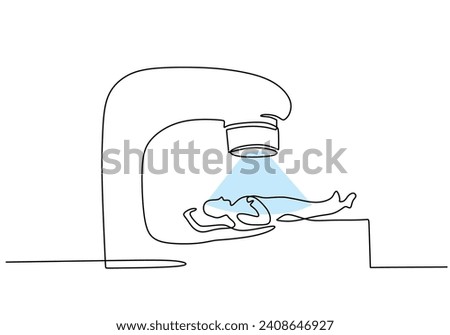 Radiotherapy treatment in continuous one line art drawing. Medical concept of person with cancer treatment.