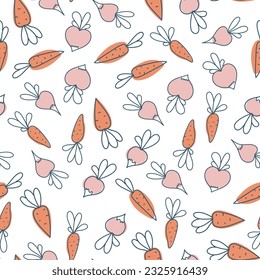 Radicar o remolacha y zanahoria sin costura. Impresión vegetal. Un patrón de elementos simples. Ilustración vectorial.