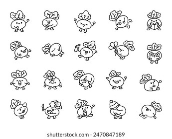 Radish cartoon character. Coloring Page. Cute funny vegetable. Hand drawn style. Vector drawing. Collection of design elements.