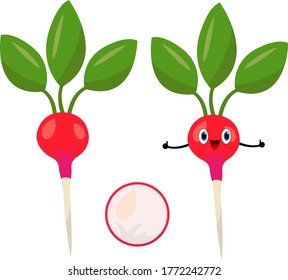 radish cartoon character funny vegetable with blue shiny eyes holds thumbs up like gesture of approval object on a white background concept of agriculture and food