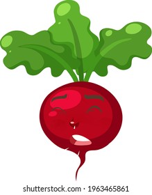 Radish cartoon character with sneezing face expression on white background illustration