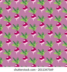 Radish cartoon seamless pattern vector. Fresh pink radish with long green leaves hand-drawn vector pattern 
