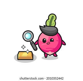el personaje rábano está revisando la autenticidad del lingote de oro , diseño de estilo lindo para camiseta, pegatina, elemento logo