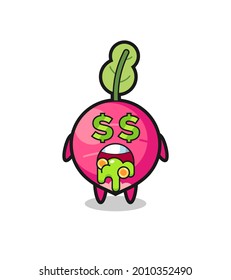 radish character with an expression of crazy about money , cute style design for t shirt, sticker, logo element