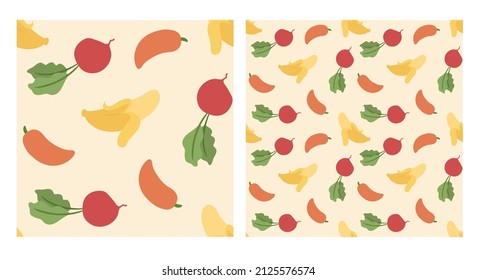 Radish, chili and banana hand drawn pattern. Illustration for fabric, packaging, print or other uses.