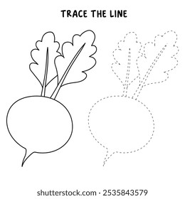 Radish coloring pages for kids. Trace and color Radish. Radish vegetable line art vector for coloring books isolated on white background. Kindergarten and preschool worksheets printable for kids. 