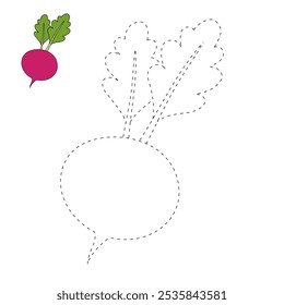 Radish coloring pages for kids. Trace and color Radish. Radish vegetable line art vector for coloring books isolated on white background. Kindergarten and preschool worksheets printable for kids. 