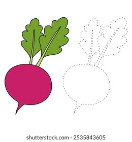 Radish coloring pages for kids. Trace and color Radish. Radish vegetable line art vector for coloring books isolated on white background. Kindergarten and preschool worksheets printable for kids. 