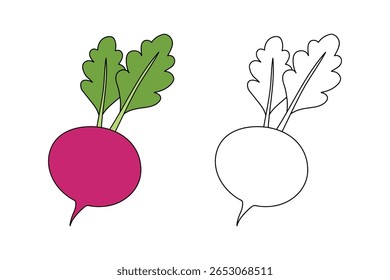 Radish coloring pages for kids. Trace and color Radish vegetable. Radish clipart outline vector. Fun activity coloring Radish vegetable for Kindergarten and preschool.