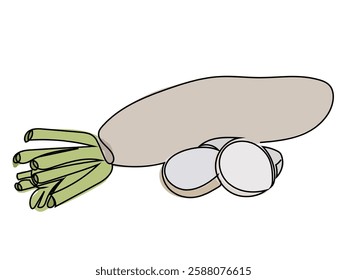 Radish in continuous line drawing on white background.
